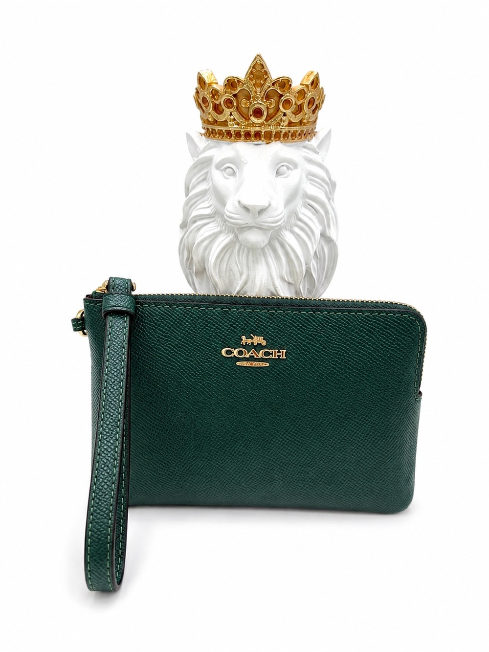 COACH Emerald Green Leather Wristlet with Gold Hardware